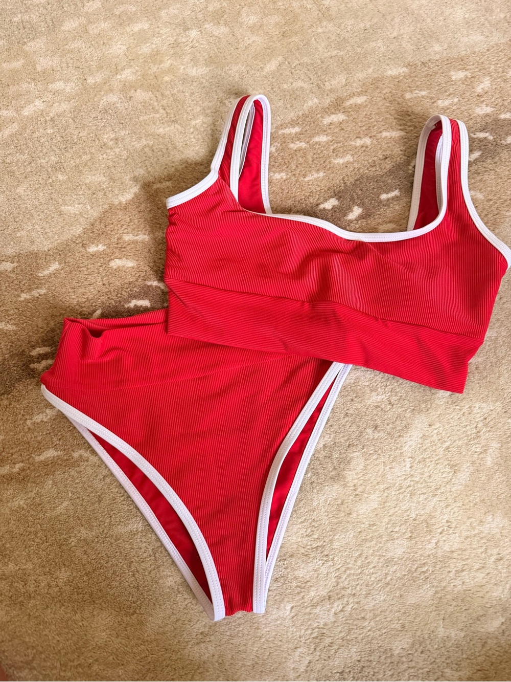 LainSnow Red High-Waist Tank Bikini with White Trim - Picture 2 of 4
